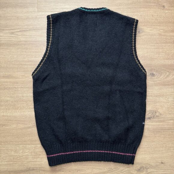 VTG 90s Alexander Julian Colours Shetland Wool Sweater Vest Sz L Black Geometric - Picture 2 of 6